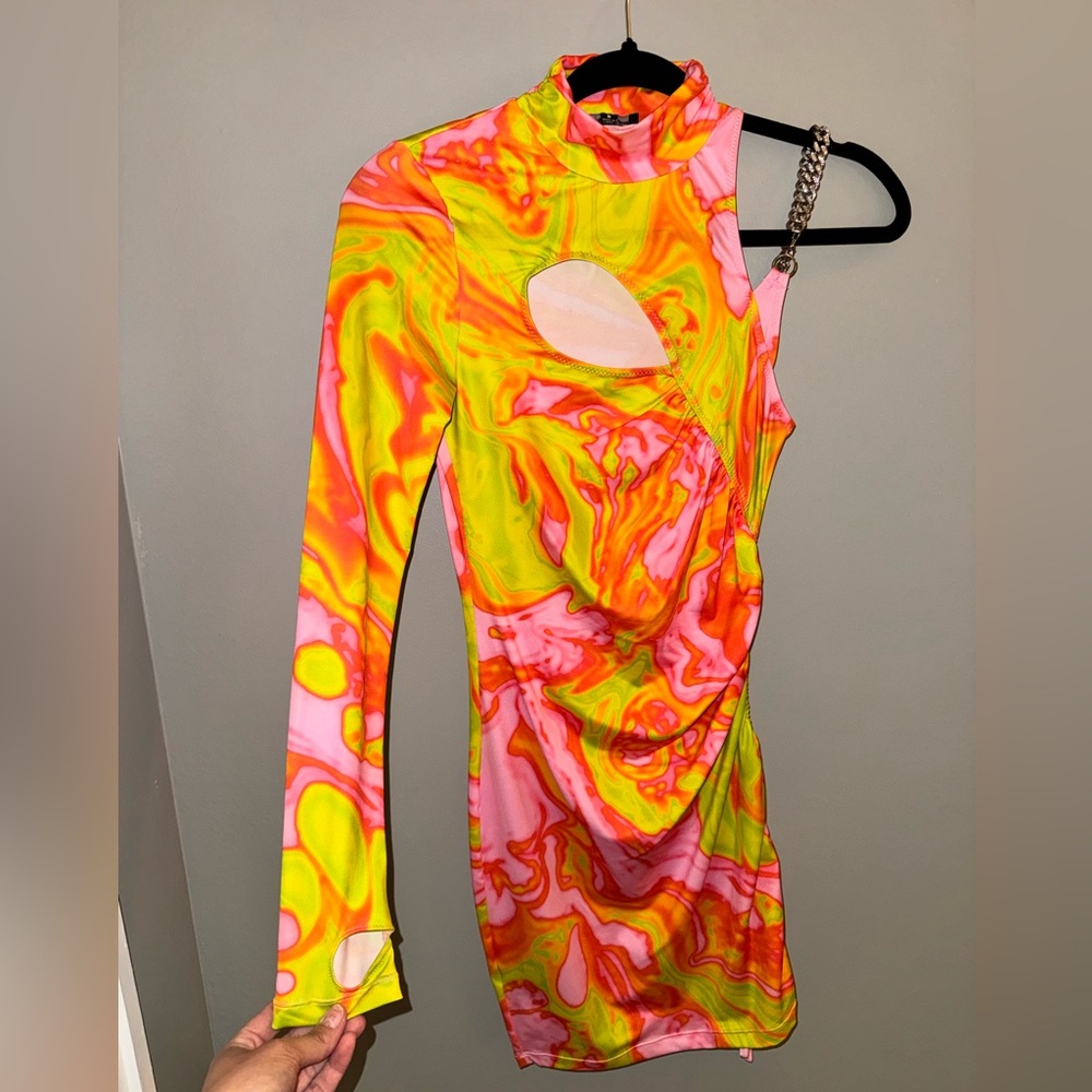 Neon Swirl Bodycon Dress Chain on one shoulder /perfect for a Rave